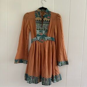 Vintage Bohemian Tan and Green Patterned Dress